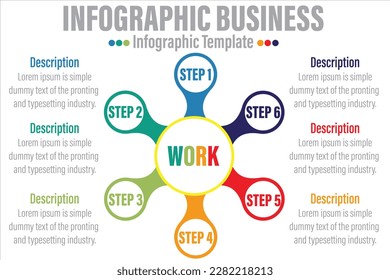 Work Modern Circle Infographics with 6 Steps and Six option.