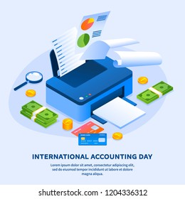 Work money printer accounting day concept background. Isometric illustration of work money printer accounting day vector concept background for web design