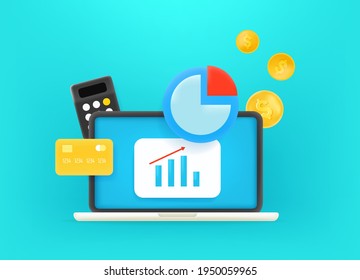 Work with money via internet. 3d style cute vector illustration
