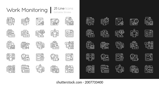 Work Monitoring Linear Icons Set For Dark And Light Mode. Employee Performance Control. Business Tools. Customizable Thin Line Symbols. Isolated Vector Outline Illustrations. Editable Stroke