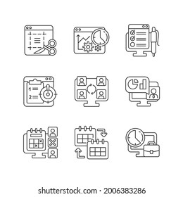 Work monitoring tools linear icons set. Project evaluation. Productivity control. Employee efficiency. Customizable thin line contour symbols. Isolated vector outline illustrations. Editable stroke