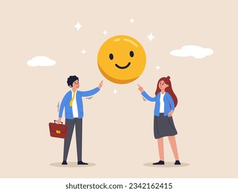 Work motivation concept. Employee happiness, job satisfaction or company benefit, happy workplace or positive attitude, happy businessman and woman holding smiling face symbol in joyful workplace.