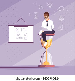 Work motivation flat vector illustration. Time management, respect deadlines. Do it now. Programmer, designer cartoon character. Young man sitting on hourglass. Workflow organization concept