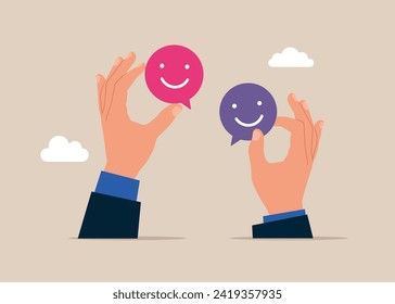 Work motivation. Showing rating with happy icon. Holding smiling face symbol. Flat vector illustration