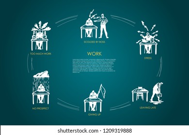 Work - too much work, no respect, giving up, leaving late, stress, scolded by boss vector concept set. Hand drawn sketch isolated illustration