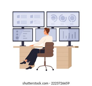 Work at multiple-monitor computer with business graphs and charts. Big data analytics. Man and information technology for stock market analysis. Flat vector illustration isolated on white background.