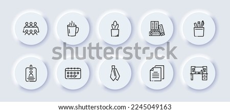 Work neomorphic line icons set. Office, team, break, coffee, deadline, tie, badge, documents, workplace. files, office. Business concept. Vector neomorphic line icons set on a white background