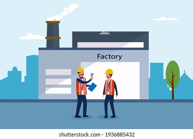 Trabajo en el nuevo concepto de vector normal: Trabajador masculino comprobando la temperatura de fiebre al empleado en la fábrica