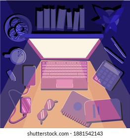 Work at night. The laptop lights up the desktop. freelancer's home workplace. Vector illustration in flat style.Desk with a computer, smartphone, calculator and glasses.  view from the top.