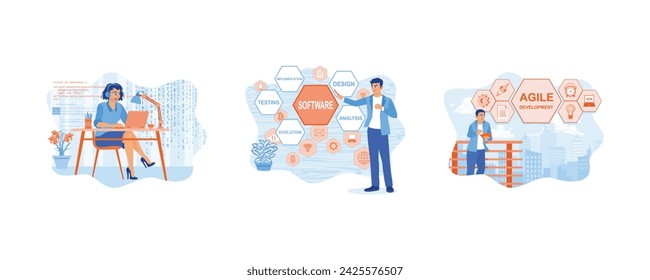 Work at night. Man working using virtual screen. Develop agile development software on the screen. Software developers concept. Set flat vector illustration.