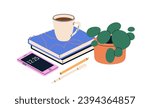Work notebooks, notepads, coffee cup, mobile phone and potted plant. Business planners, organizers, diaries, pens, tea mug and smartphone. Flat vector illustration isolated on white background