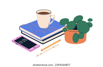 Work notebooks, notepads, coffee cup, mobile phone and potted plant. Business planners, organizers, diaries, pens, tea mug and smartphone. Flat vector illustration isolated on white background