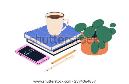 Work notebooks, notepads, coffee cup, mobile phone and potted plant. Business planners, organizers, diaries, pens, tea mug and smartphone. Flat vector illustration isolated on white background