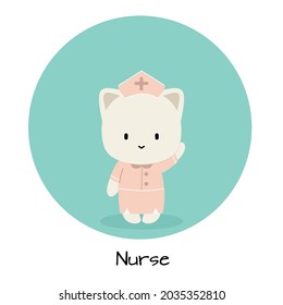 Work As Nurse. Simple Cute Cat Character Profession As Nurse. Introduction Profession In The World Easy To Understand Flat Vector Illustration. 