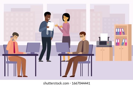 Work in the office. Businessmen and businesswomen discuss working issues. Successful team in coworking space. Vector flat illustration.
