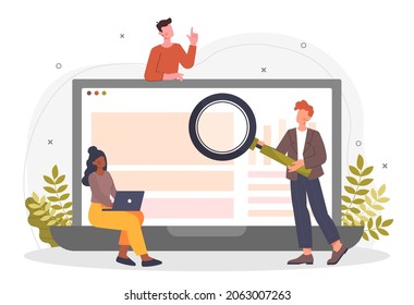 Work office concept. Employees study digital information. Formation of archive in database, research. Man with magnifying glass looking at monitor, modern technology. Cartoon flat vector illustration