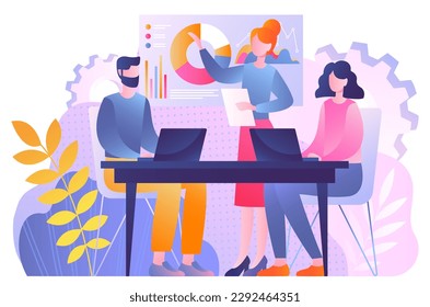 Work office concept. Man and women with laptop on background of graphs and charts. Colleagues and partners working on common business project. Coworking space. Cartoon flat vector illustration