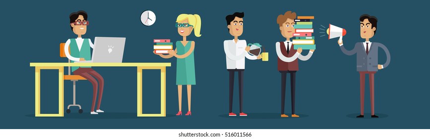 Work in office concept vector in flat style. Collection of office situations and people work interactions. Working on computer, paper work, coffee break, motivation illustrations for corporate ad.