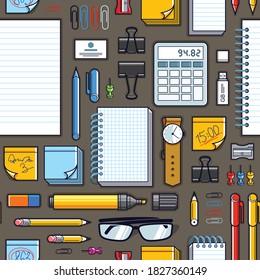 Work office desk top view with a lot of different stationery elements seamless vector wallpaper, business job theme image with diversity objects illustrations pic.