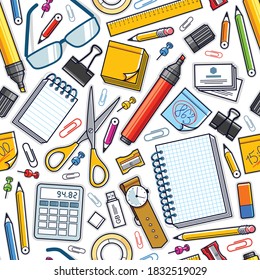 Work office desk top view with a lot of different stationery elements seamless vector wallpaper, business job theme image with diversity objects illustrations pic.