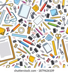 Work office desk top view with a lot of different stationery elements seamless vector wallpaper, business job theme image with diversity objects illustrations pic.