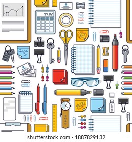 Work office desk top view with a lot of different stationery elements seamless vector wallpaper, business job theme image with diversity objects illustrations pic.