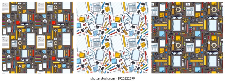 Arbeitsbüros Schreibtisch Draufsicht mit vielen verschiedenen Schreibwaren Elemente nahtlose Vektorhintergrund-Set, Business Job Thema Bild mit Vielfalt Objekte Illustrationen pic.