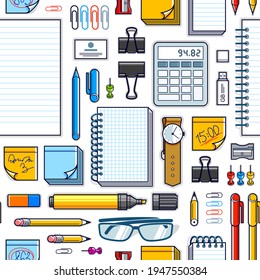 Work office desk top view with a lot of different stationery elements seamless vector wallpaper, business job theme image with diversity objects illustrations pic.