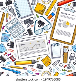 Work office desk top view with a lot of different stationery elements seamless vector wallpaper, business job theme image with diversity objects illustrations pic.
