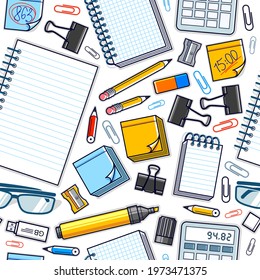 Work office desk top view with a lot of different stationery elements seamless vector wallpaper, business job theme image with diversity objects illustrations pic.