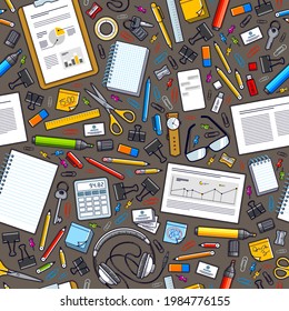 Work office desk top view with a lot of different stationery elements seamless vector wallpaper, business job theme image with diversity objects illustrations pic.