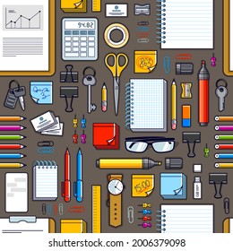 Vista superior del escritorio de trabajo de oficina con muchos elementos de papelería diferentes, papel de pared vectorial sin fisuras, imagen del tema del trabajo de negocios con ilustraciones de objetos de diversidad.