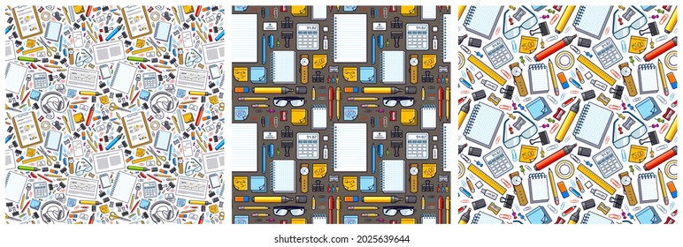 Work office desk top view with a lot of different stationery elements seamless vector wallpaper set, business job theme image with diversity objects illustrations pic.