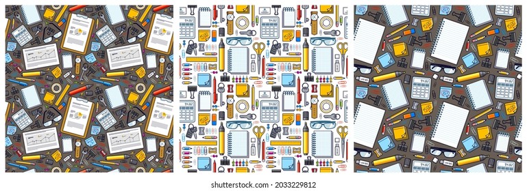 Work office desk top view with a lot of different stationery elements seamless vector wallpaper set, business job theme image with diversity objects illustrations pic.