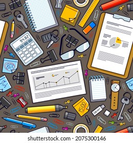 Work office desk top view with a lot of different stationery elements seamless vector wallpaper, business job theme image with diversity objects illustrations pic.