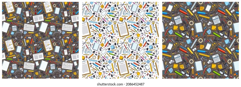 Work office desk top view with a lot of different stationery elements seamless vector wallpaper set, business job theme image with diversity objects illustrations pic.