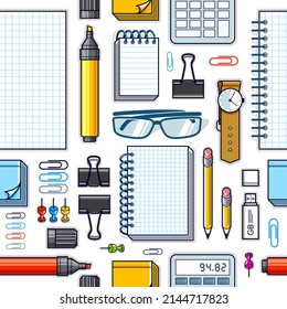 Work office desk top view with a lot of different stationery elements seamless vector wallpaper, business job theme image with diversity objects illustrations pic.