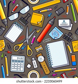 Work office desk top view with a lot of different stationery elements seamless vector wallpaper, business job theme image with diversity objects illustrations pic.