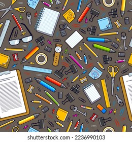 Work office desk top view with a lot of different stationery elements seamless vector wallpaper, business job theme image with diversity objects illustrations pic.