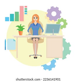 Work in the office is due to the production process and its accounting, success, job, girl, lady, development, vector flat illustration, office, work, business