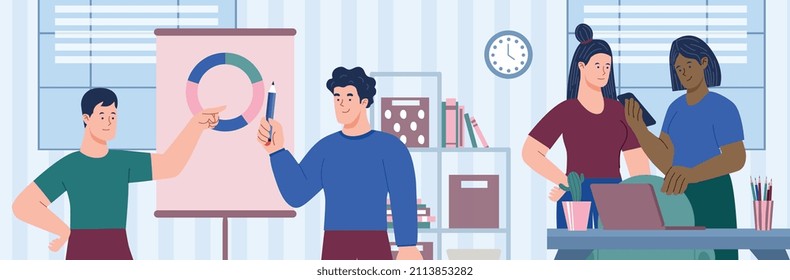 Trabajar en el cargo. Los empleados realizan varias tareas, los hombres analizan las estadísticas en el diagrama. Las niñas preparan un informe o una presentación. Brainstorming, coworking y colegas. Dibujo vectorial plano de dibujos animados