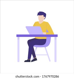 Work in an office flat, a Man working in an office at a Desk, Working at a computer. Vector illustration isolated on white background