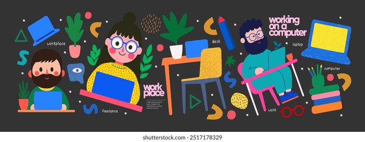 Work in the office and at home on the computer and laptop. Vector abstract illustration of freelance designer, people, man and woman at the workplace at the table, icons, sticker, sign and logo 