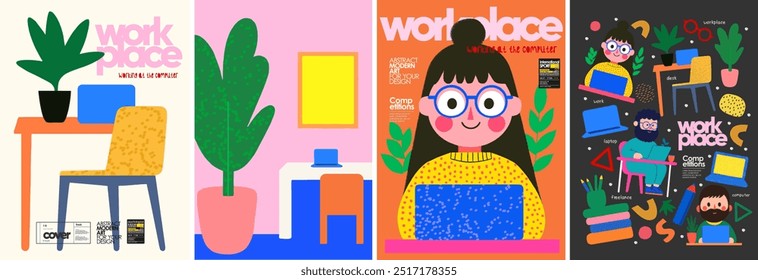 Work in office and home on computer and laptop. Vector minimalistic modern abstract illustration of freelance designer, people, woman at workplace at table, icon for poster, brochure, cover