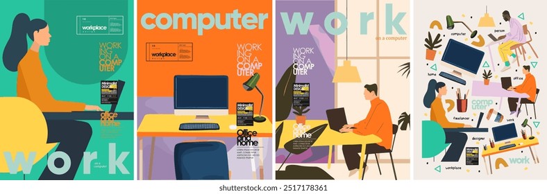 Work in office and home on computer and laptop. Vector minimalistic modern abstract illustration of freelance designer, people, man and woman at workplace at table, icon for poster, brochure, cover