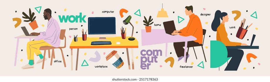 Work in the office and at home on the computer and laptop. Vector abstract illustration of freelance designer, people, man and woman at the workplace at the table, icons, sticker, sign and logo 