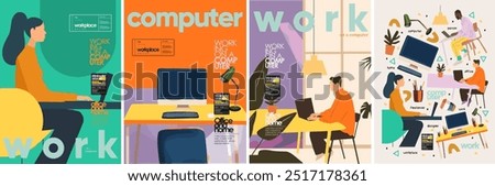 Work in office and home on computer and laptop. Vector minimalistic modern abstract illustration of freelance designer, people, man and woman at workplace at table, icon for poster, brochure, cover