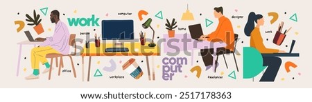 Work in the office and at home on the computer and laptop. Vector abstract illustration of freelance designer, people, man and woman at the workplace at the table, icons, sticker, sign and logo 
