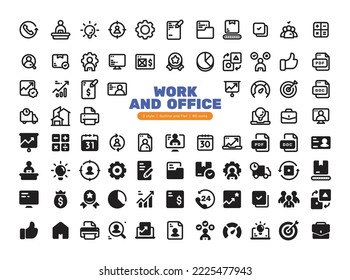 Work and Office Icon set with 2 style, outline and flat. This icons can be used for presentations, pitch deck or icon apps.