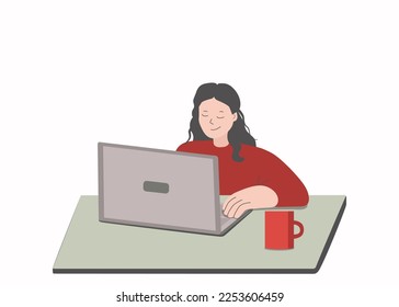 Work in the office. A man at the computer on the desktop. Woman, girl sitting at her laptop. Office, remote work at home. Vector illustration. Background isolated.